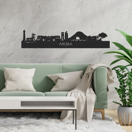Skyline Aruba Zwart houten cadeau decoratie relatiegeschenk van WoodWideCities