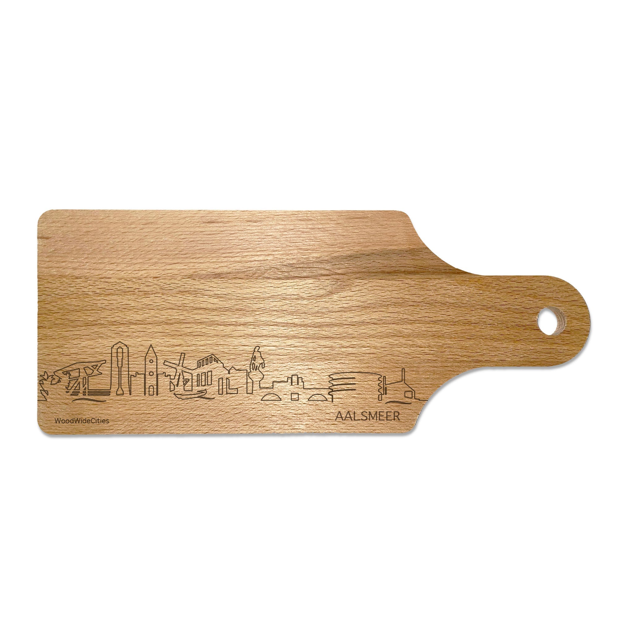 Skyline Borrelplank Aalsmeer houten cadeau decoratie relatiegeschenk van WoodWideCities