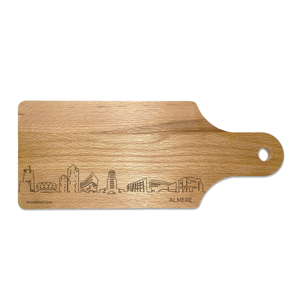 Skyline Borrelplank Almere houten cadeau decoratie relatiegeschenk van WoodWideCities