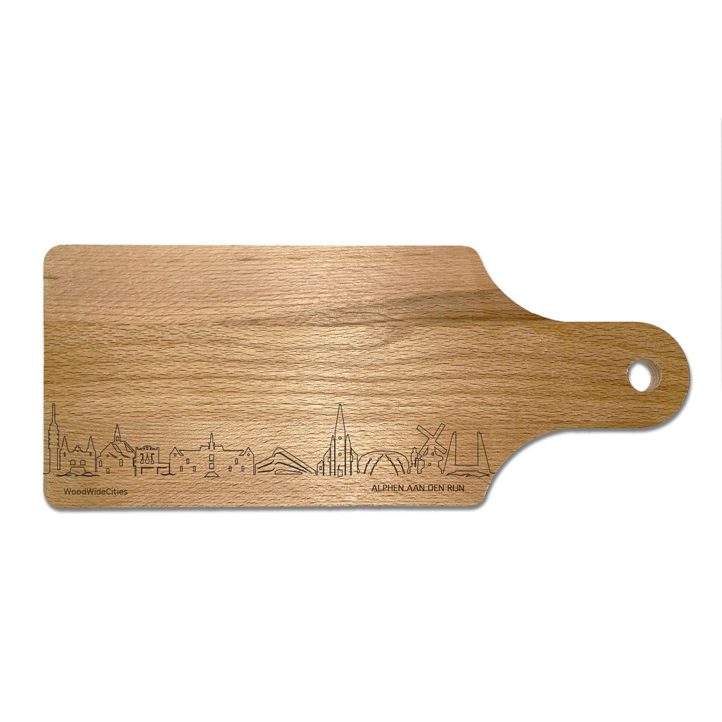 Skyline Borrelplank Alphen aan den Rijn houten cadeau decoratie relatiegeschenk van WoodWideCities