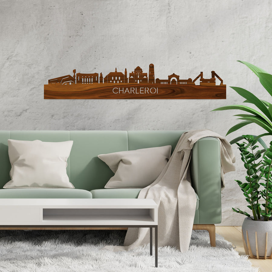 Skyline Charleroi Palissander houten cadeau decoratie relatiegeschenk van WoodWideCities