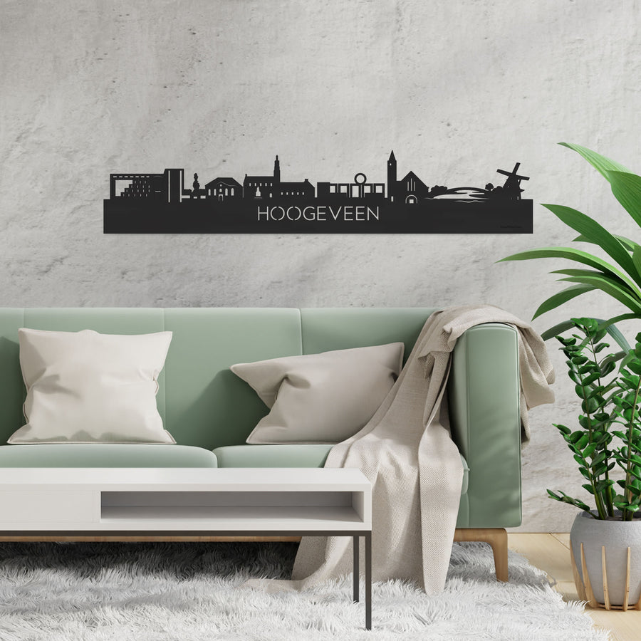Skyline Hoogeveen  Zwart houten cadeau decoratie relatiegeschenk van WoodWideCities