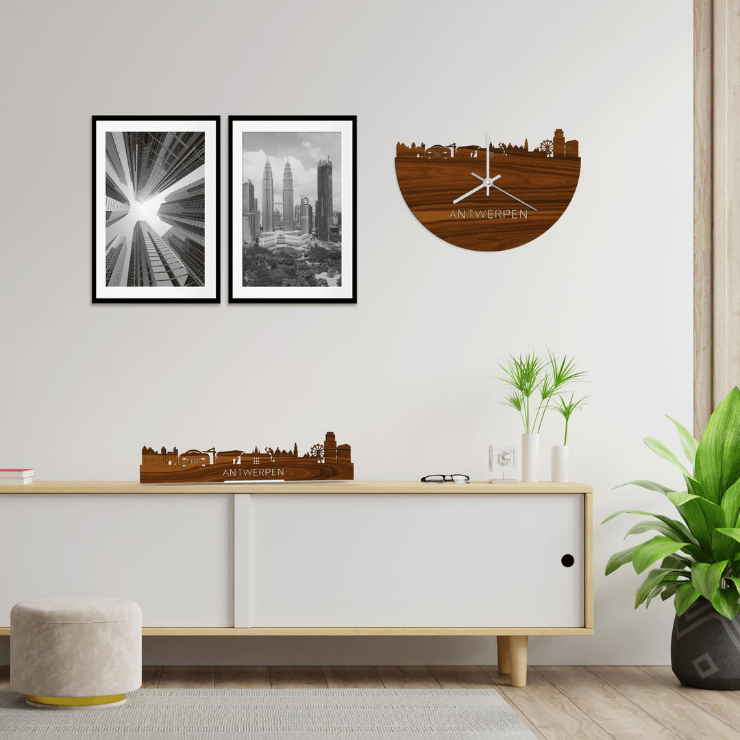 Skyline Klok Antwerpen Palissander houten cadeau wanddecoratie relatiegeschenk van WoodWideCities