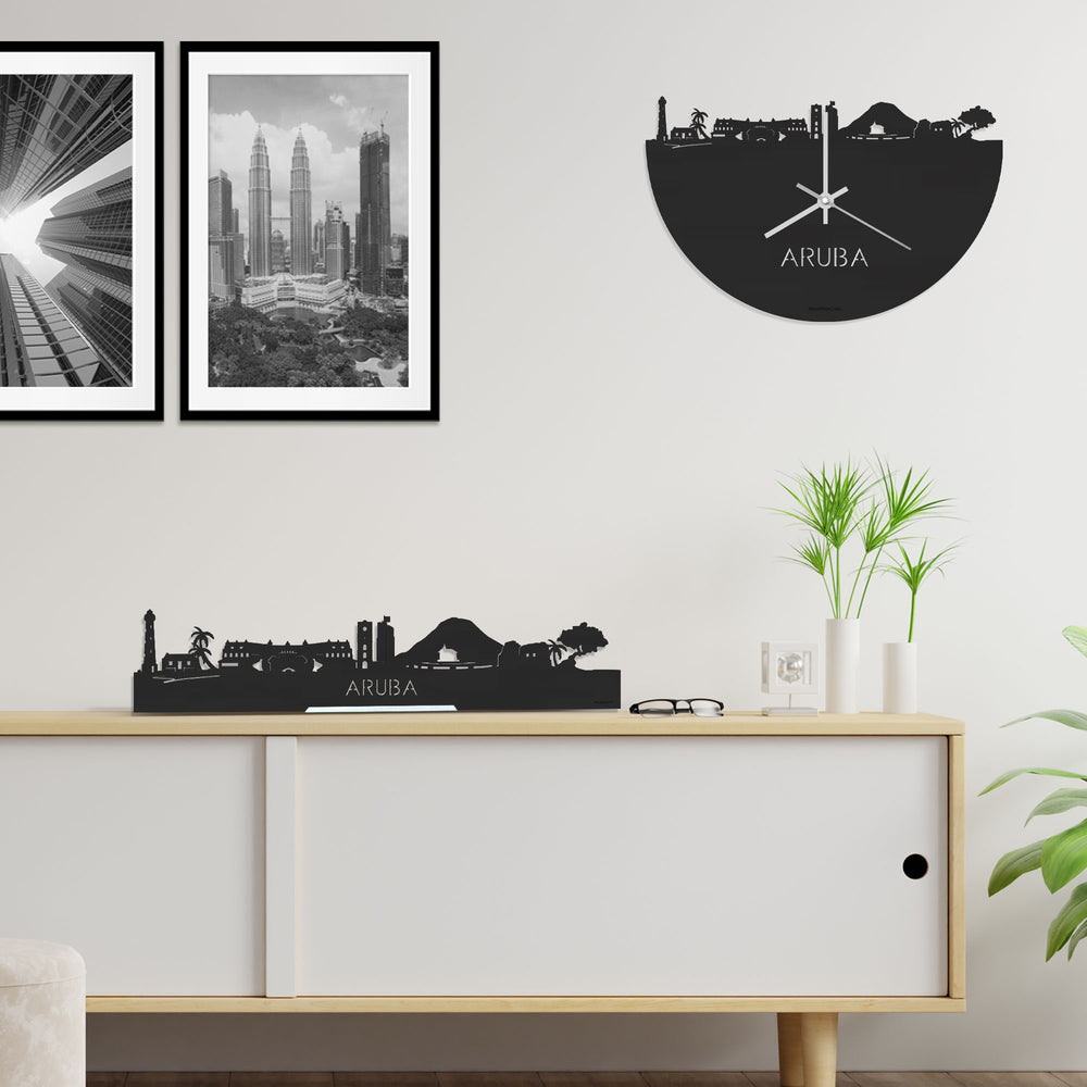 Skyline Klok Aruba Black Zwart houten cadeau decoratie relatiegeschenk van WoodWideCities