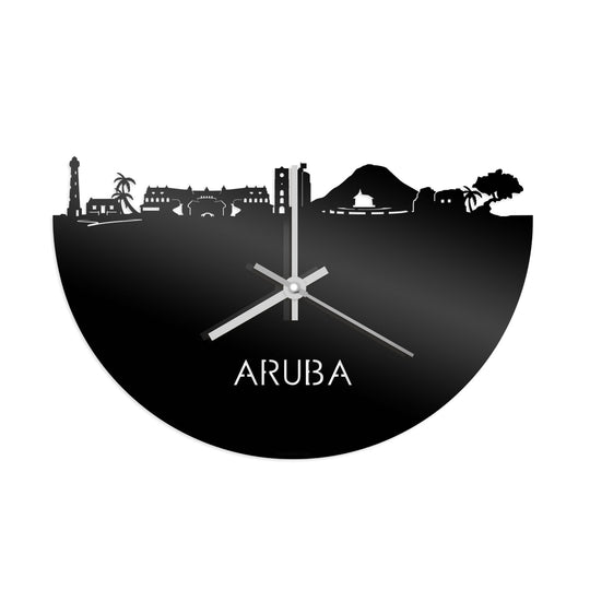 Skyline Klok Aruba Zwart glanzend gerecycled kunststof cadeau decoratie relatiegeschenk van WoodWideCities