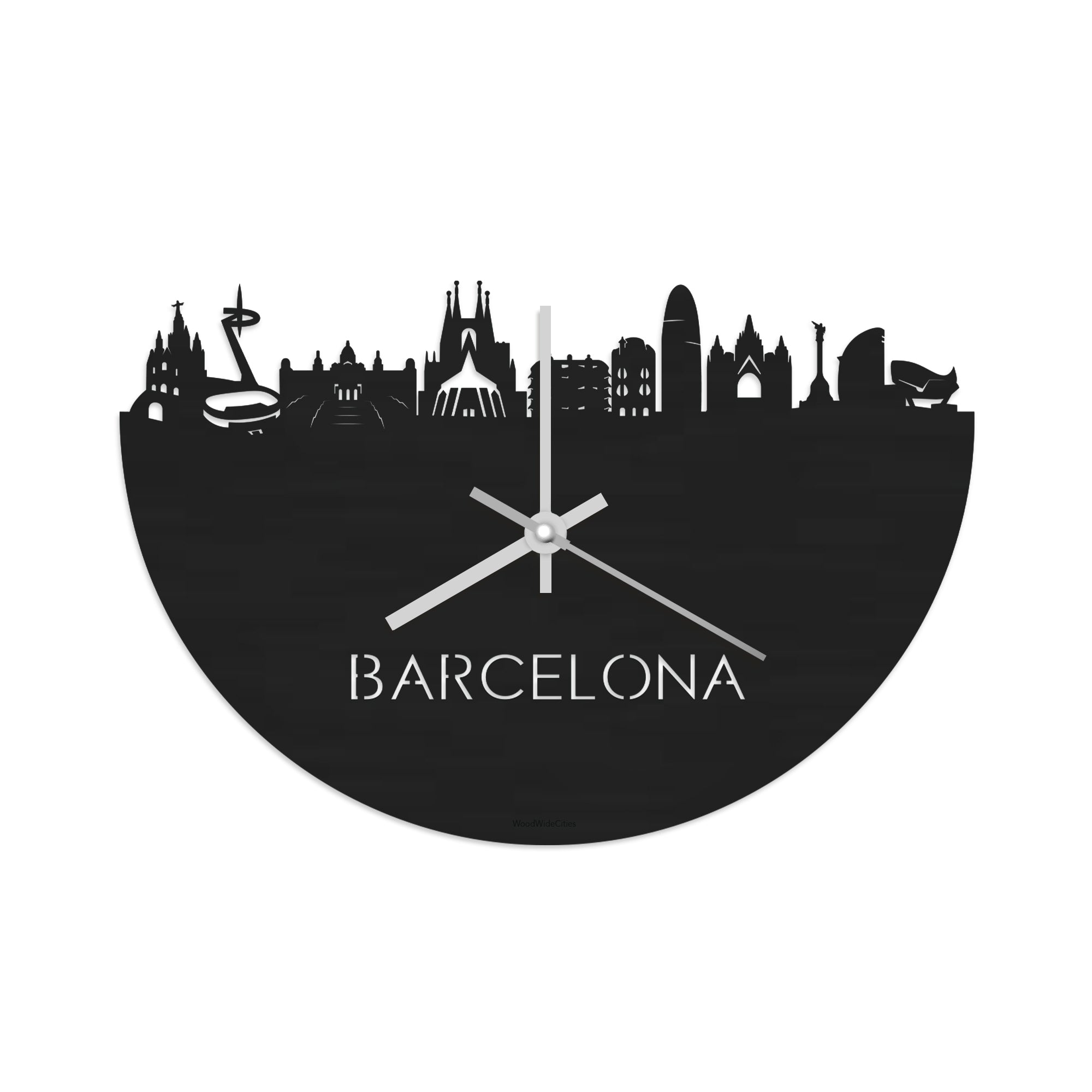Skyline Klok Barcelona Black Zwart houten cadeau wanddecoratie relatiegeschenk van WoodWideCities