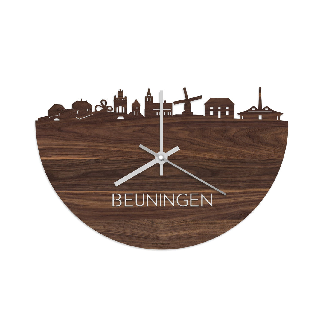 Skyline Klok Beuningen Noten houten cadeau wanddecoratie relatiegeschenk van WoodWideCities