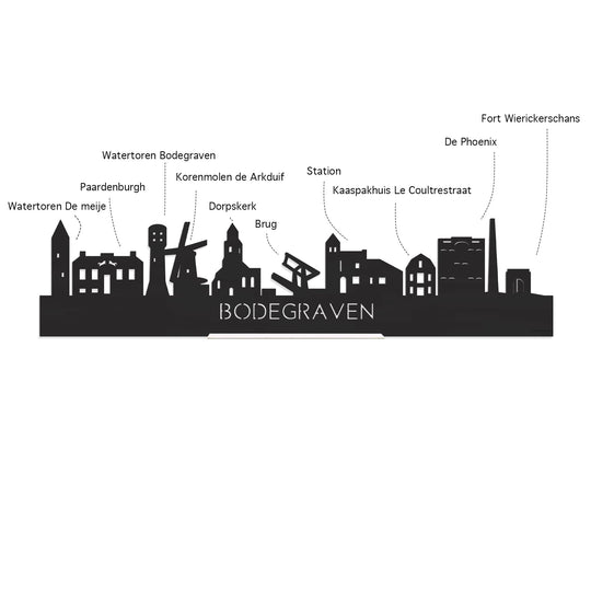 Skyline Klok Bodegraven Zwart glanzend gerecycled kunststof cadeau wanddecoratie relatiegeschenk van WoodWideCities
