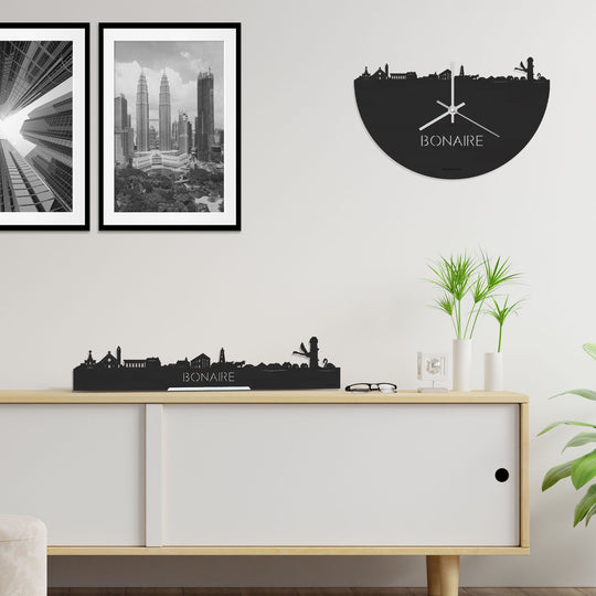 Skyline Klok Bonaire Black Zwart houten cadeau decoratie relatiegeschenk van WoodWideCities