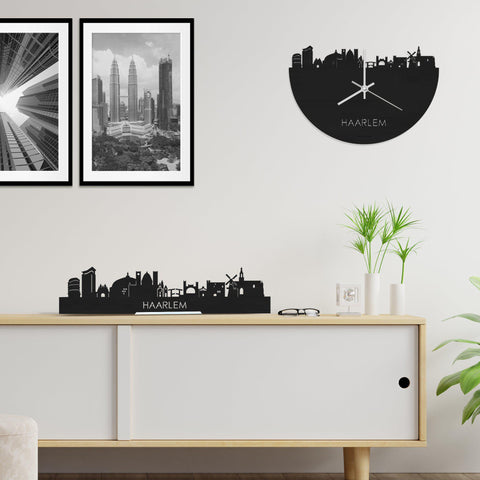 Skyline Klok Haarlem Black houten cadeau wanddecoratie relatiegeschenk van WoodWideCities