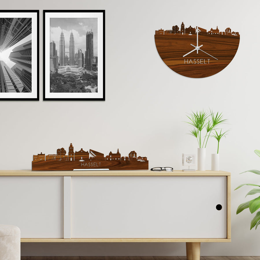 Skyline Klok Hasselt Palissander houten cadeau wanddecoratie relatiegeschenk van WoodWideCities