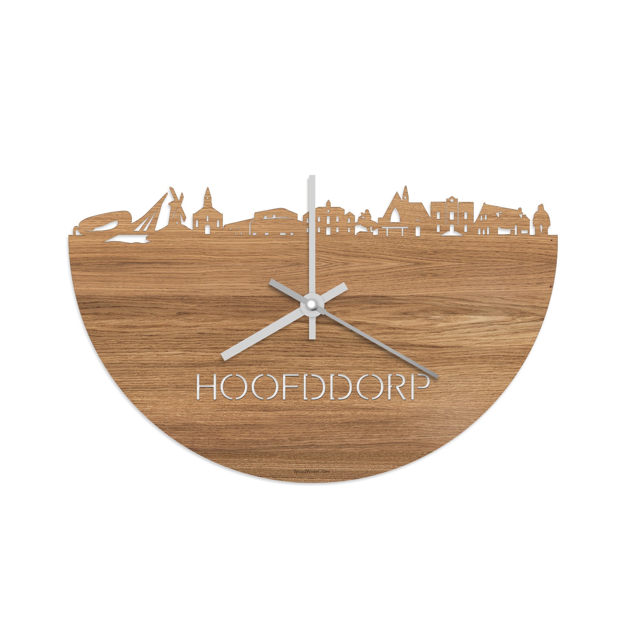 Skyline Klok Hoofddorp Eiken houten cadeau wanddecoratie relatiegeschenk van WoodWideCities