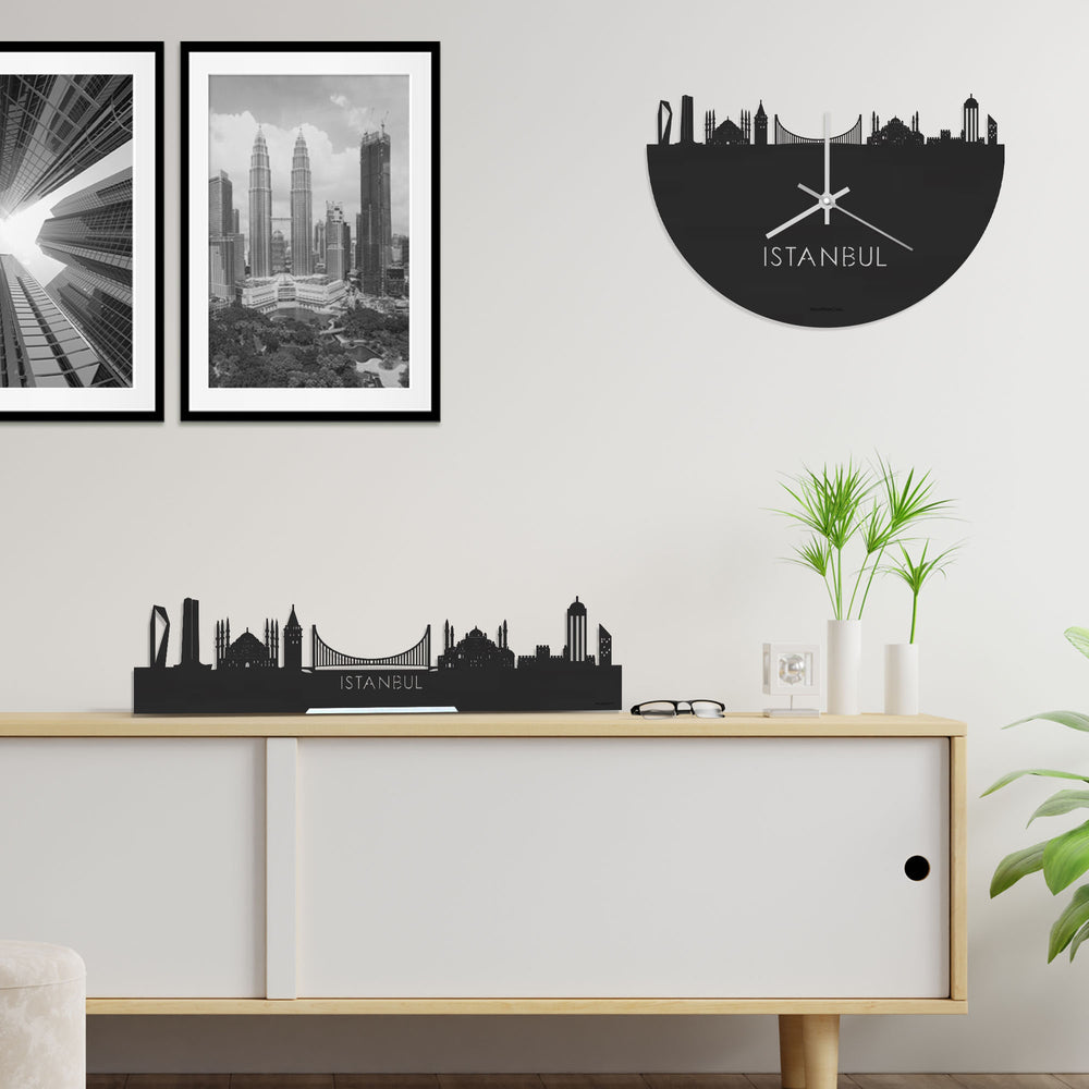 Skyline Klok Istanbul Black Zwart houten cadeau decoratie relatiegeschenk van WoodWideCities