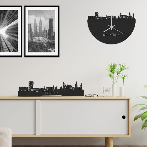 Skyline Klok Kortrijk Black Zwart houten cadeau decoratie relatiegeschenk van WoodWideCities