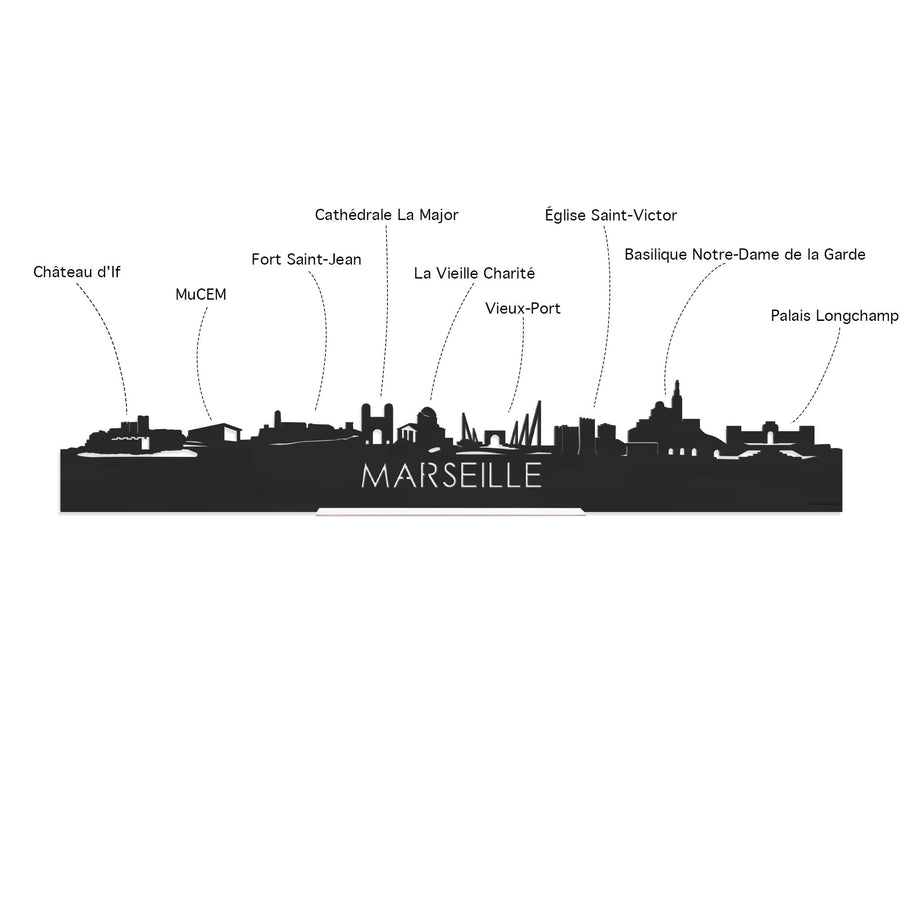 Skyline Klok Marseille Zwart glanzend gerecycled kunststof cadeau decoratie relatiegeschenk van WoodWideCities