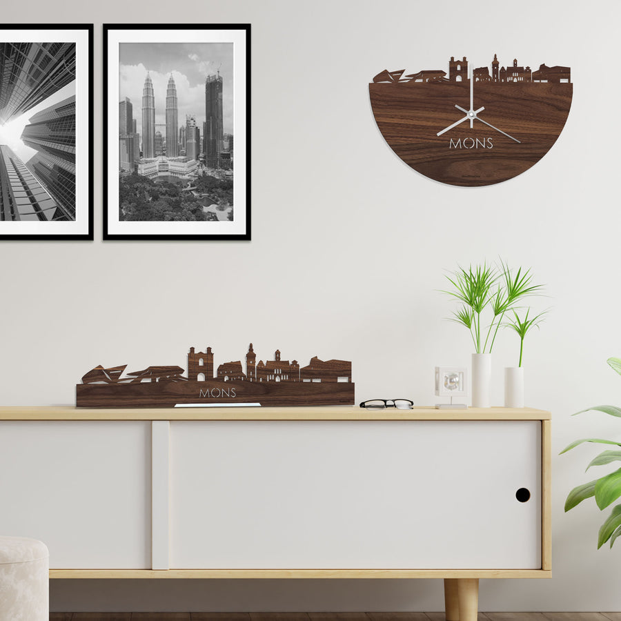 Skyline Klok Mons Noten houten cadeau decoratie relatiegeschenk van WoodWideCities