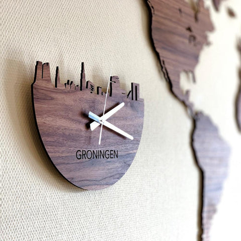 Skyline Klok Groningen Noten Noten houten cadeau wanddecoratie relatiegeschenk van WoodWideCities