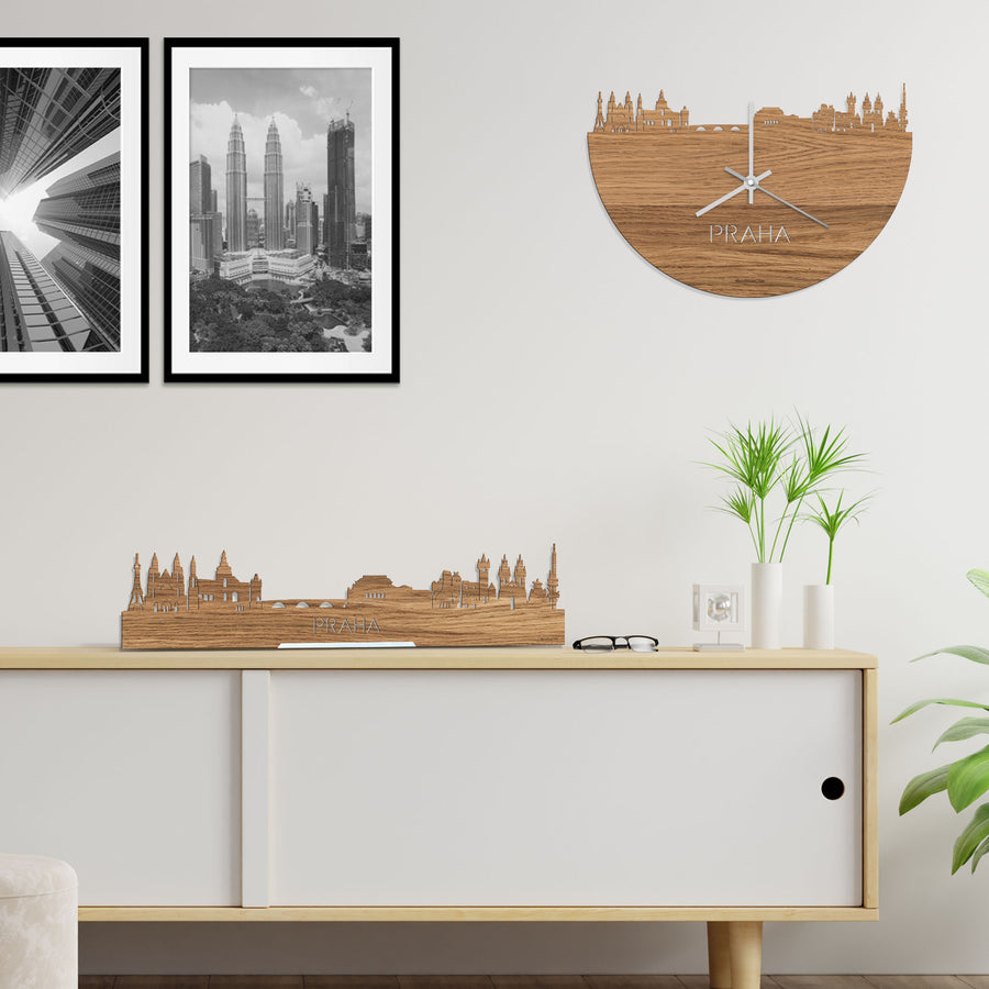 Skyline Klok Praha Eiken houten cadeau decoratie relatiegeschenk van WoodWideCities