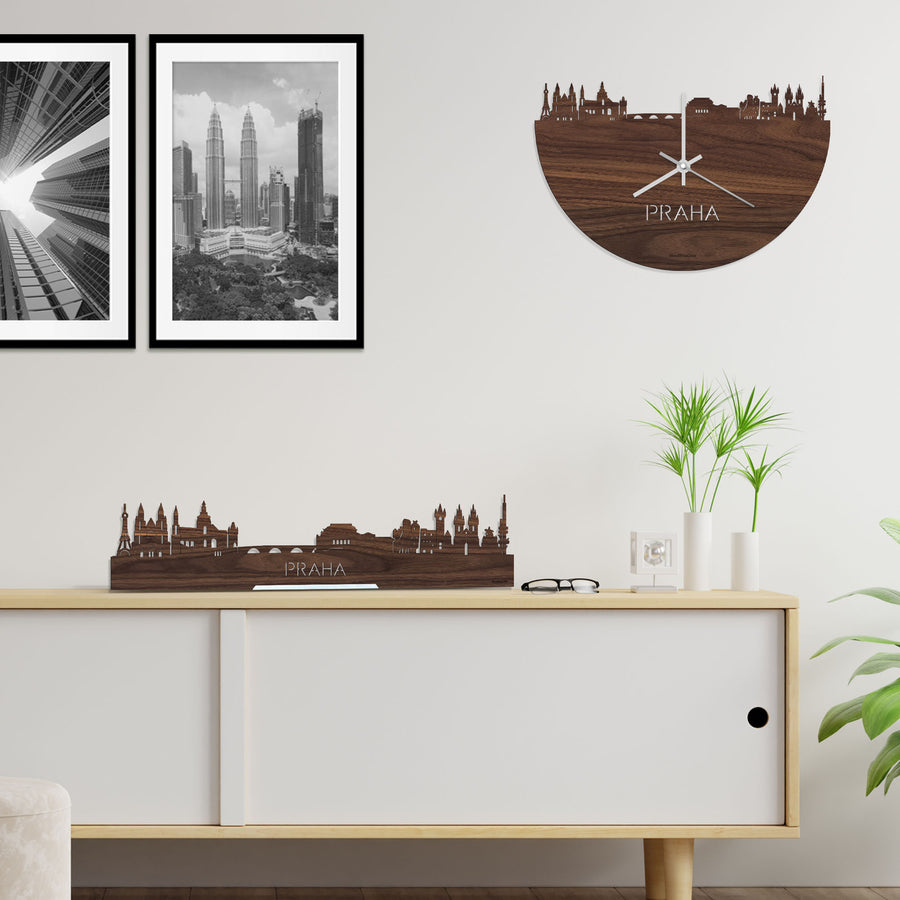 Skyline Klok Praha Noten houten cadeau decoratie relatiegeschenk van WoodWideCities