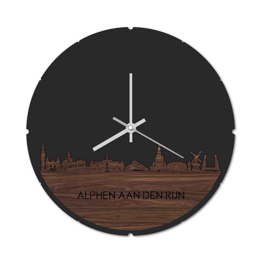 Skyline Klok Rond Alphen aan den Rijn Noten houten cadeau decoratie relatiegeschenk van WoodWideCities