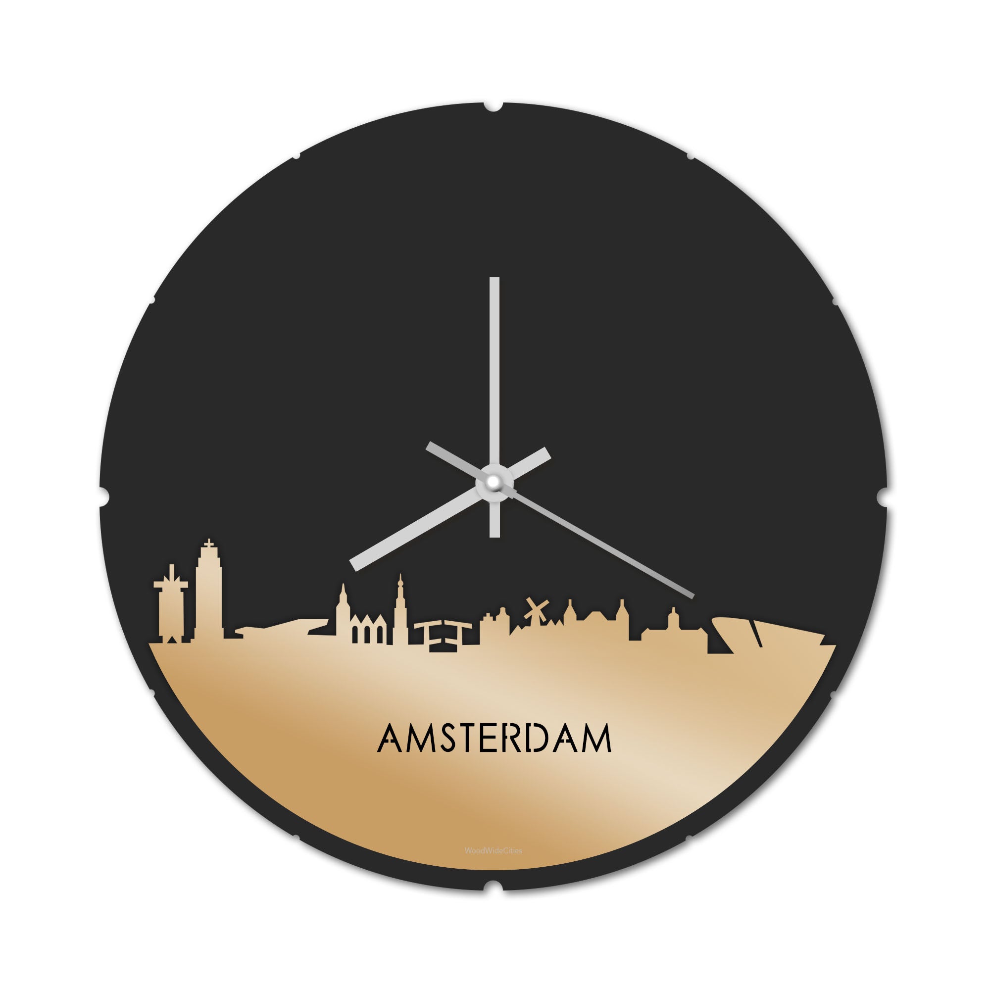 Skyline Klok Rond Amsterdam Metallic Goud gerecycled kunststof cadeau decoratie relatiegeschenk van WoodWideCities