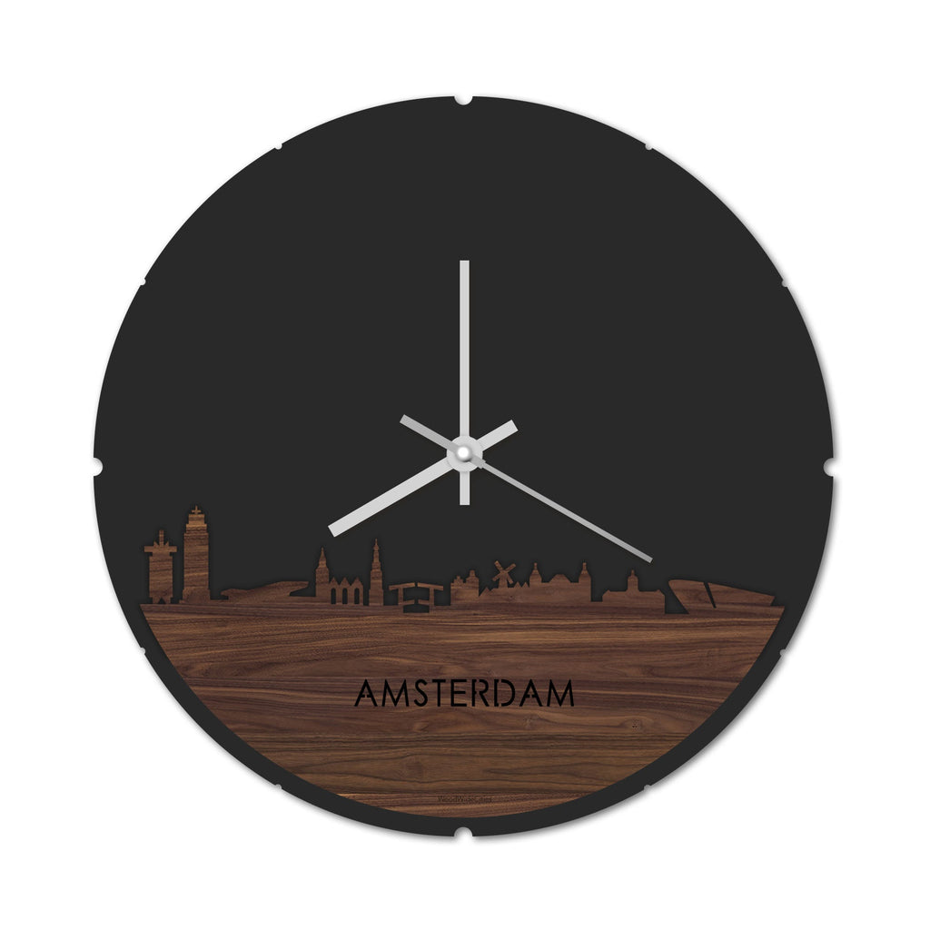Skyline Klok Rond Amsterdam Noten houten cadeau decoratie relatiegeschenk van WoodWideCities