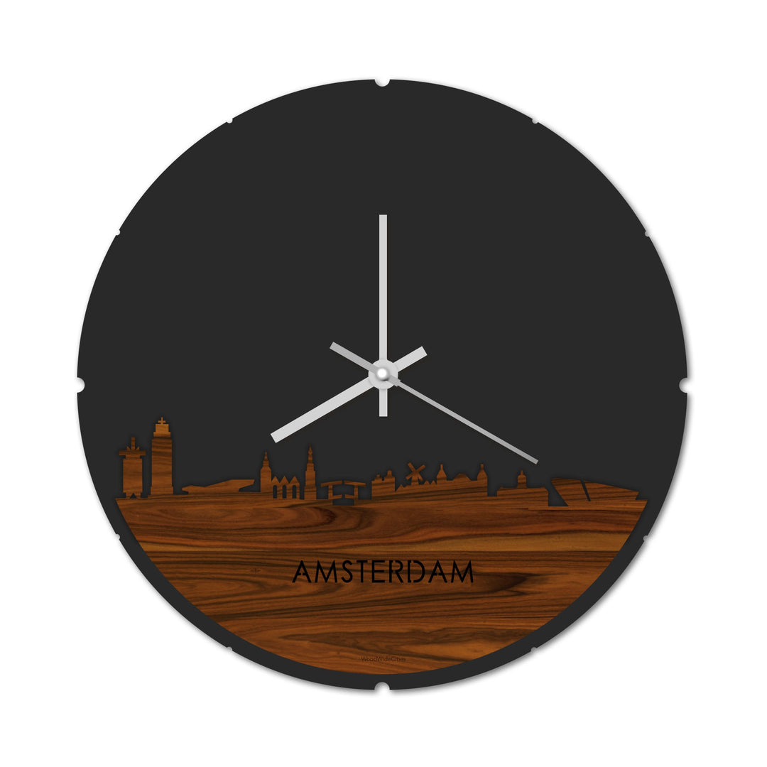 Skyline Klok Rond Amsterdam Palissander houten cadeau decoratie relatiegeschenk van WoodWideCities