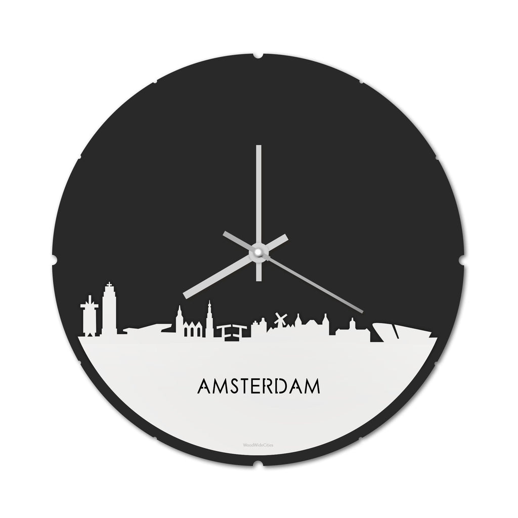 Skyline Klok Rond Amsterdam Wit glanzend gerecycled kunststof cadeau decoratie relatiegeschenk van WoodWideCities