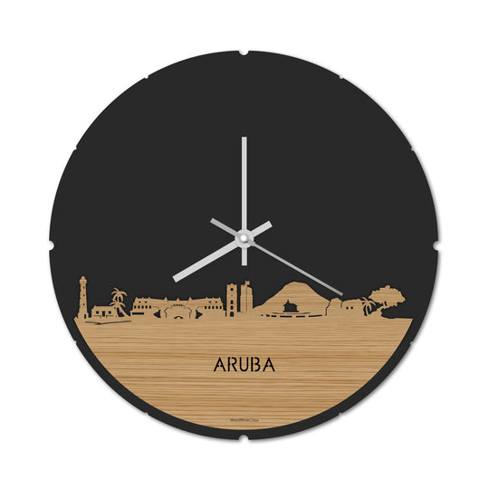 Skyline Klok Rond Aruba Bamboe houten cadeau decoratie relatiegeschenk van WoodWideCities