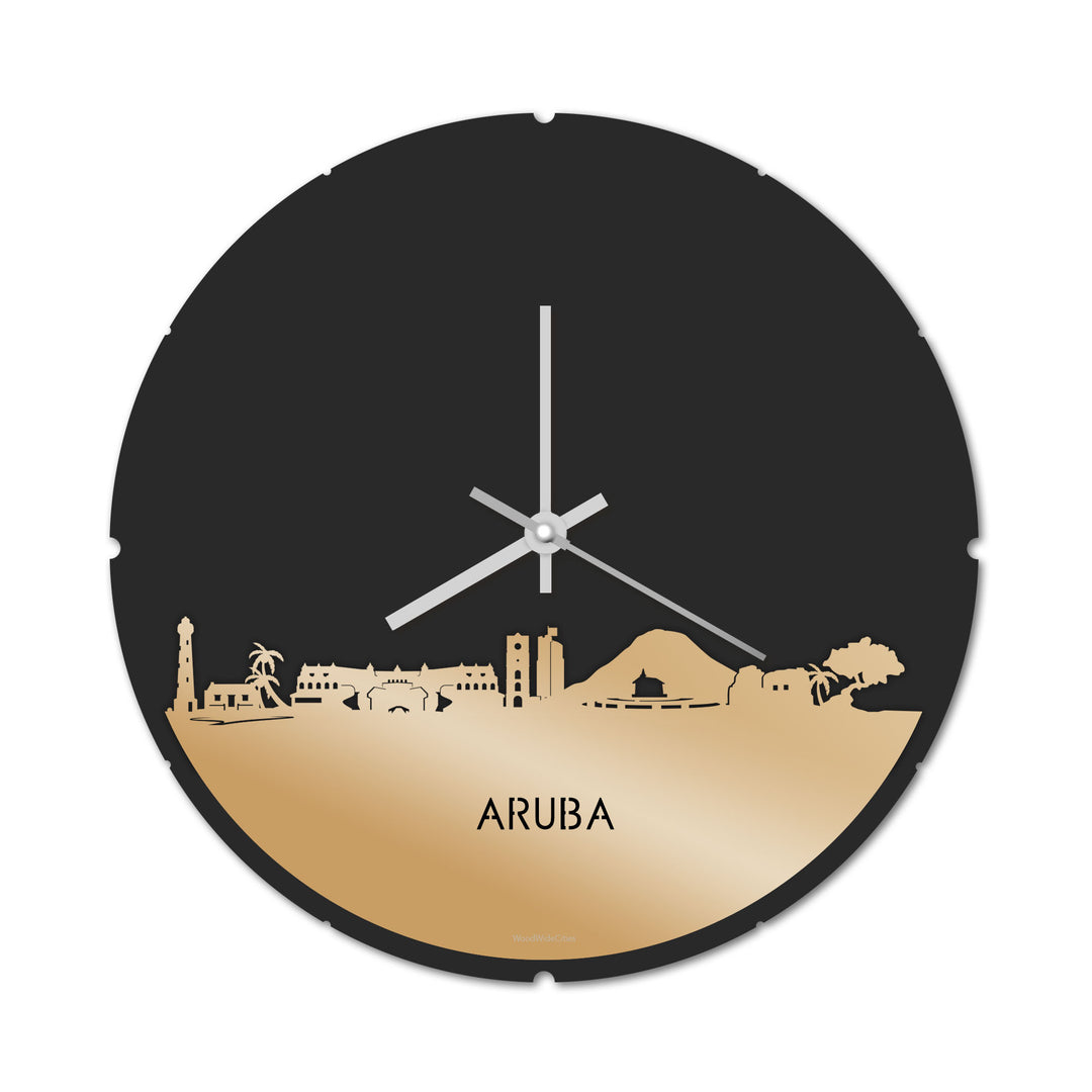 Skyline Klok Rond Aruba Metallic Goud gerecycled kunststof cadeau decoratie relatiegeschenk van WoodWideCities