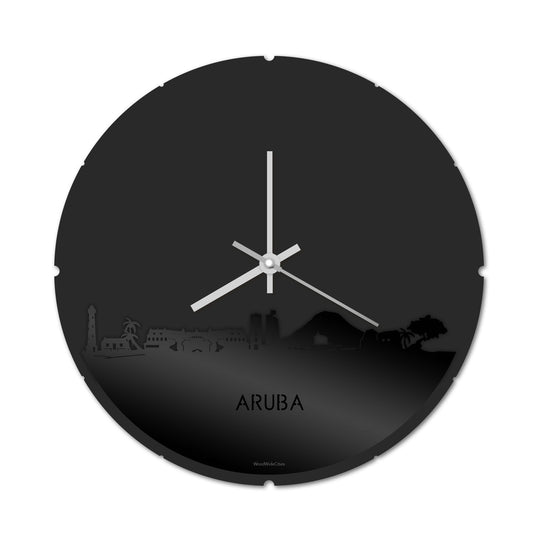 Skyline Klok Rond Aruba Zwart glanzend gerecycled kunststof cadeau decoratie relatiegeschenk van WoodWideCities