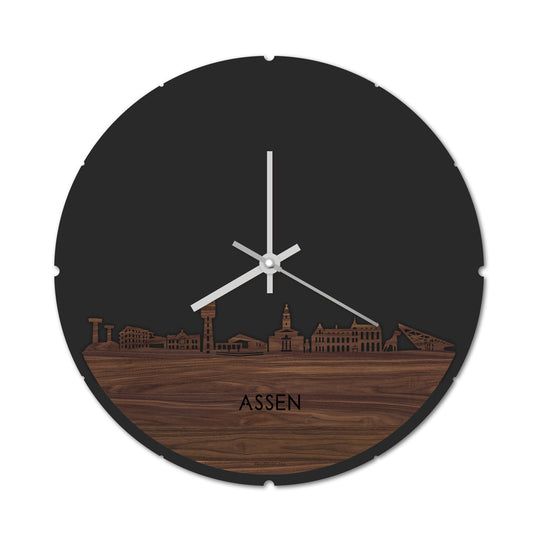 Skyline Klok Rond Assen Noten houten cadeau decoratie relatiegeschenk van WoodWideCities