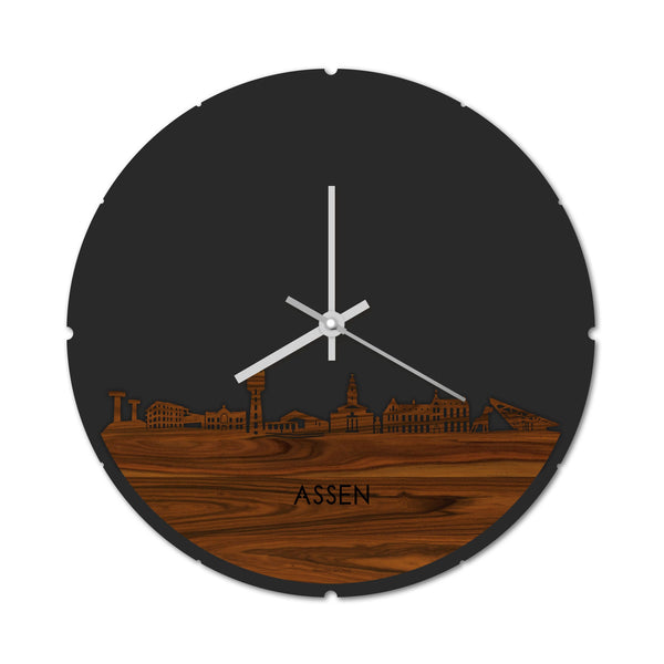 Skyline Klok Rond Assen Palissander houten cadeau decoratie relatiegeschenk van WoodWideCities