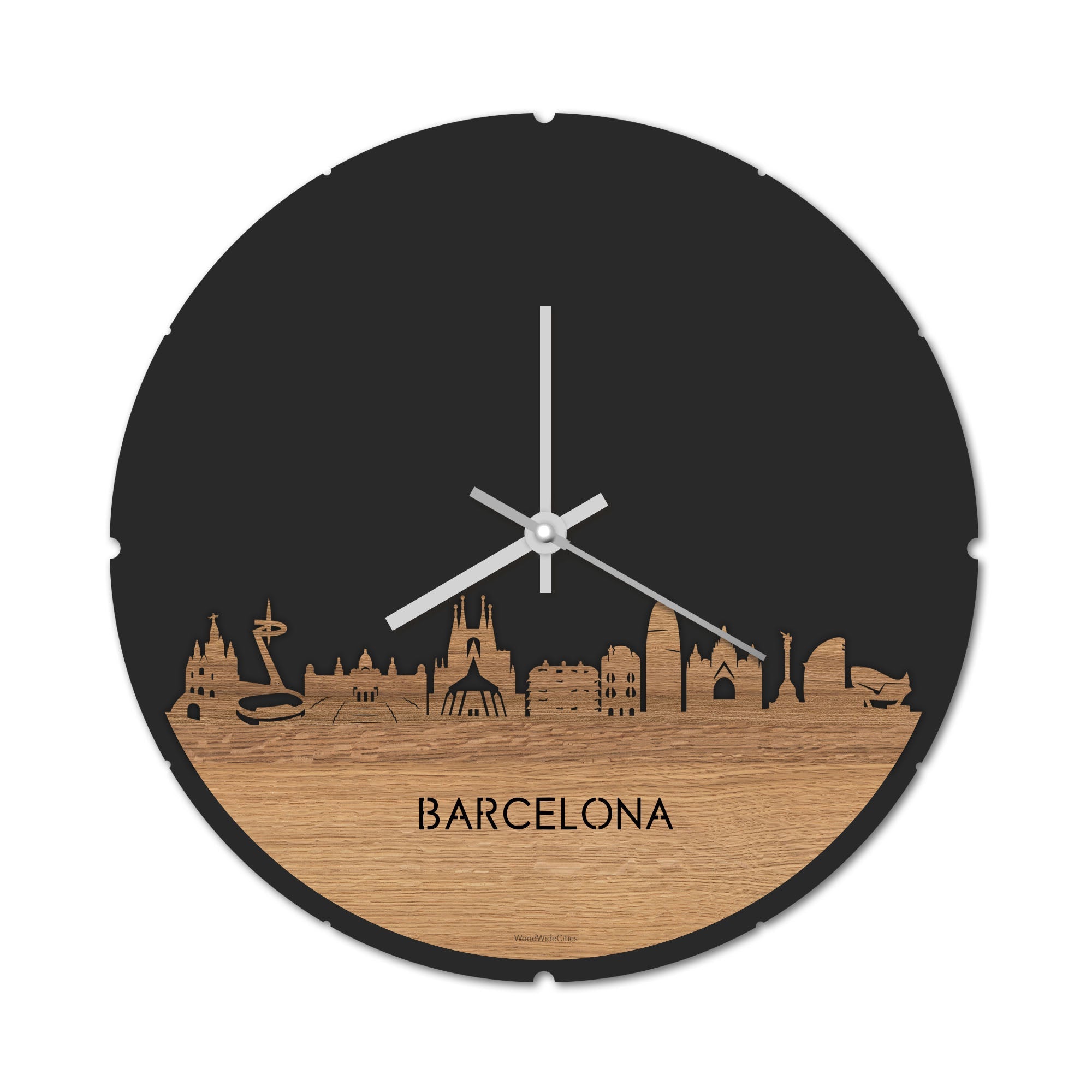 Skyline Klok Rond Barcelona Eiken houten cadeau decoratie relatiegeschenk van WoodWideCities