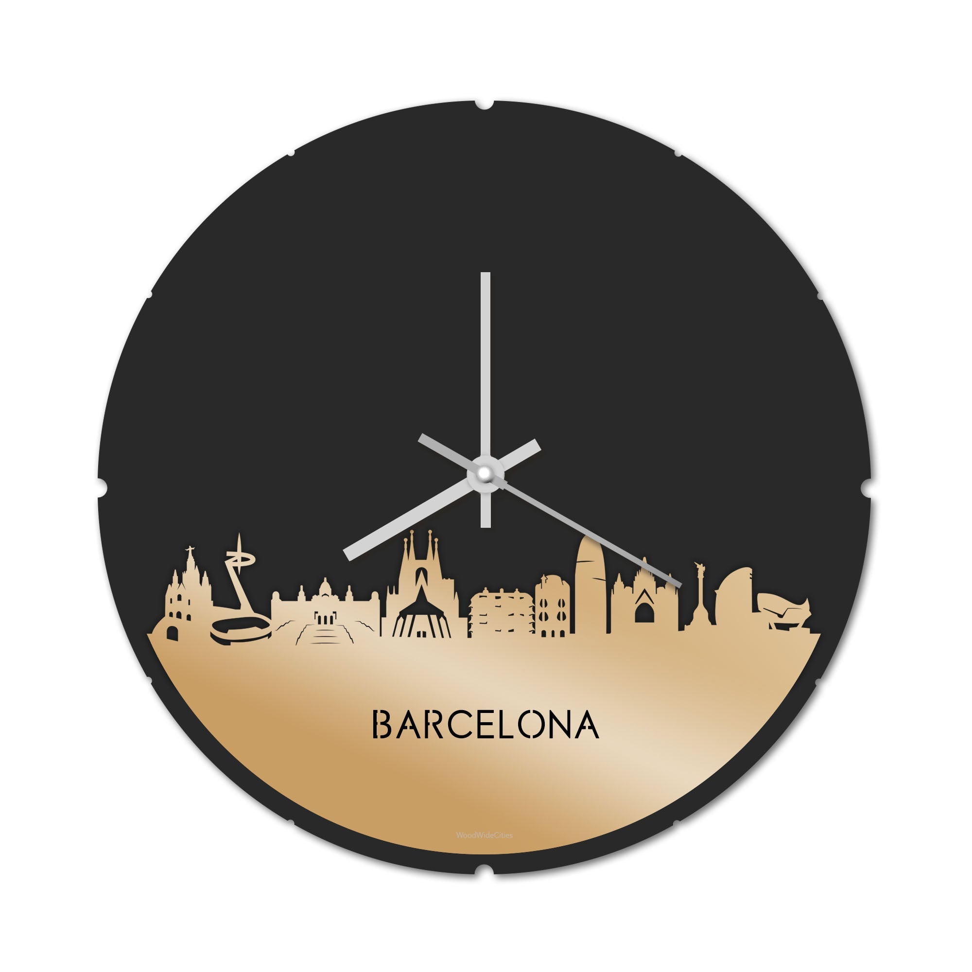 Skyline Klok Rond Barcelona Metallic Goud gerecycled kunststof cadeau decoratie relatiegeschenk van WoodWideCities