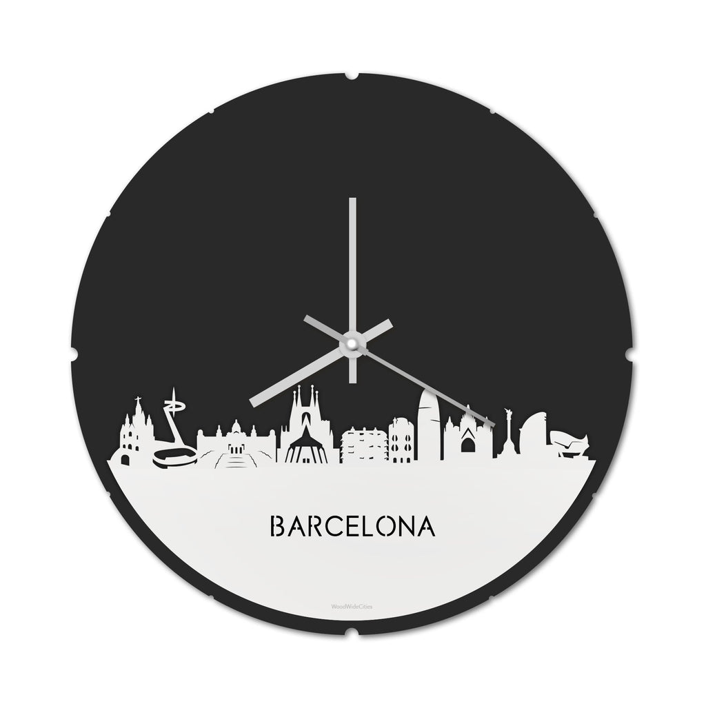 Skyline Klok Rond Barcelona Wit glanzend gerecycled kunststof cadeau decoratie relatiegeschenk van WoodWideCities