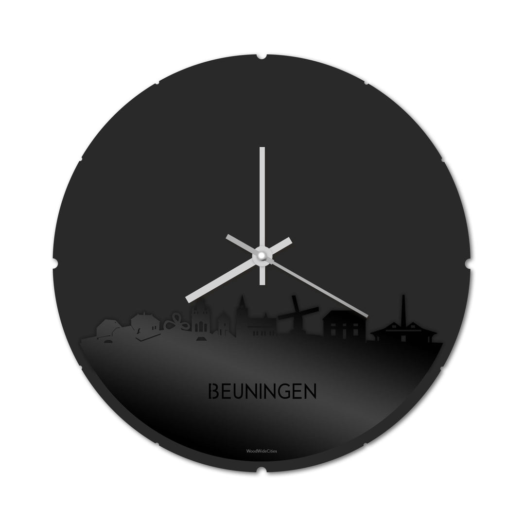Skyline Klok Rond Beuningen Zwart glanzend gerecycled kunststof cadeau decoratie relatiegeschenk van WoodWideCities