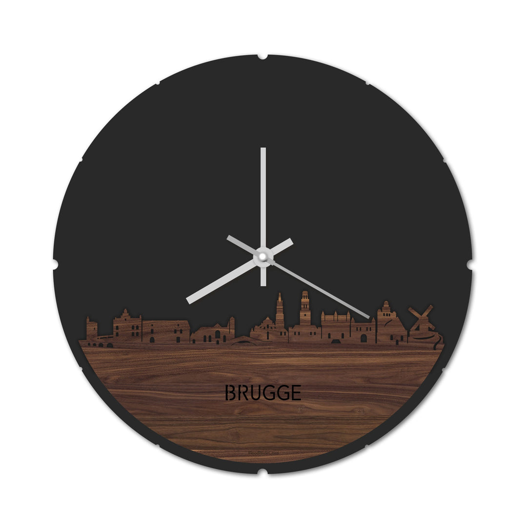 Skyline Klok Rond Brugge Noten houten cadeau decoratie relatiegeschenk van WoodWideCities