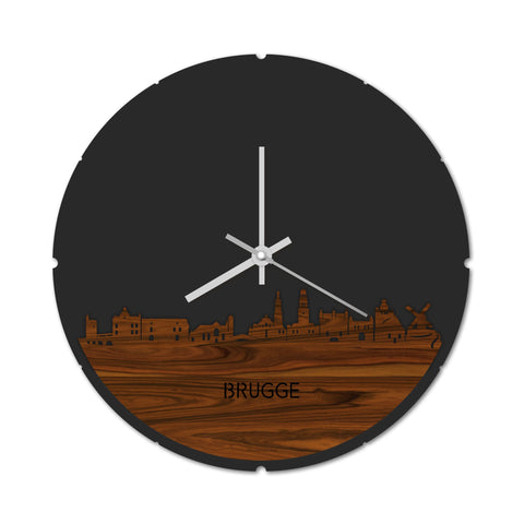 Skyline Klok Rond Brugge Palissander houten cadeau decoratie relatiegeschenk van WoodWideCities