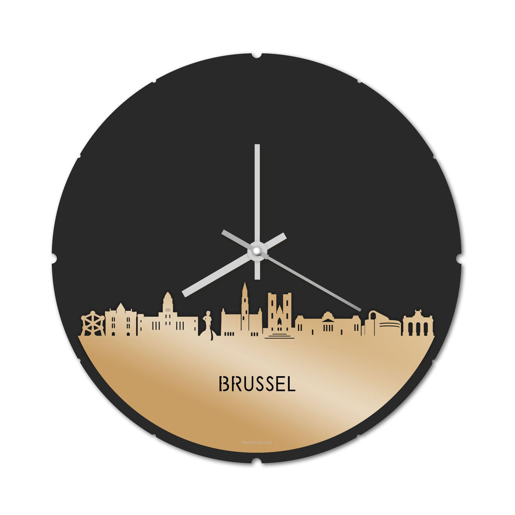 Skyline Klok Rond Brussel Metallic Goud gerecycled kunststof cadeau decoratie relatiegeschenk van WoodWideCities