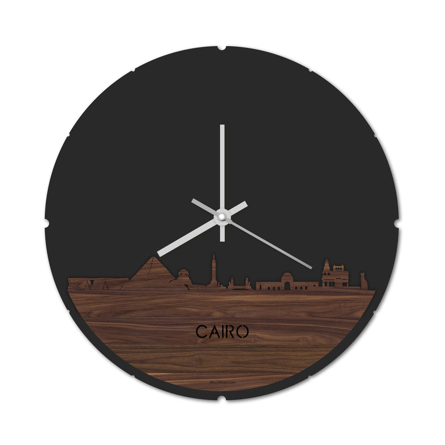 Skyline Klok Rond Cairo Noten houten cadeau decoratie relatiegeschenk van WoodWideCities