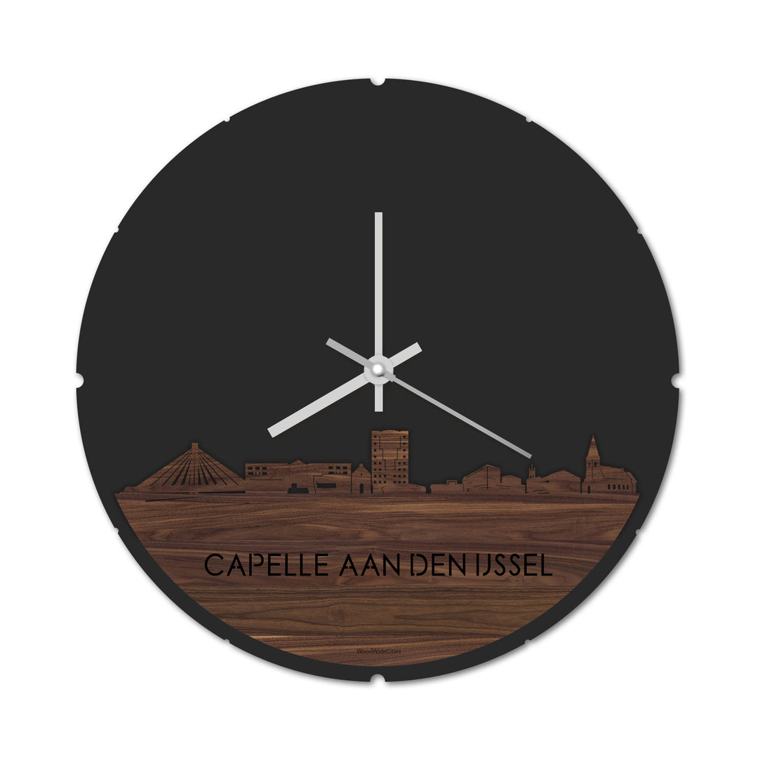 Skyline Klok Rond Capelle aan den IJssel Noten houten cadeau decoratie relatiegeschenk van WoodWideCities