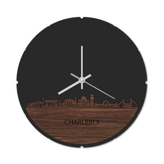 Skyline Klok Rond Charleroi Noten houten cadeau decoratie relatiegeschenk van WoodWideCities