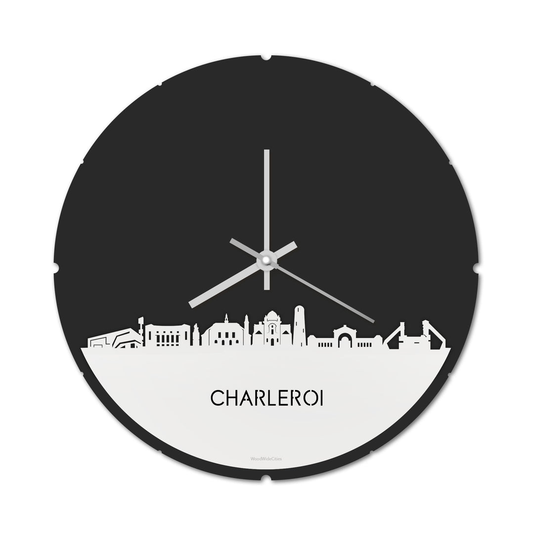 Skyline Klok Rond Charleroi Wit glanzend gerecycled kunststof cadeau decoratie relatiegeschenk van WoodWideCities