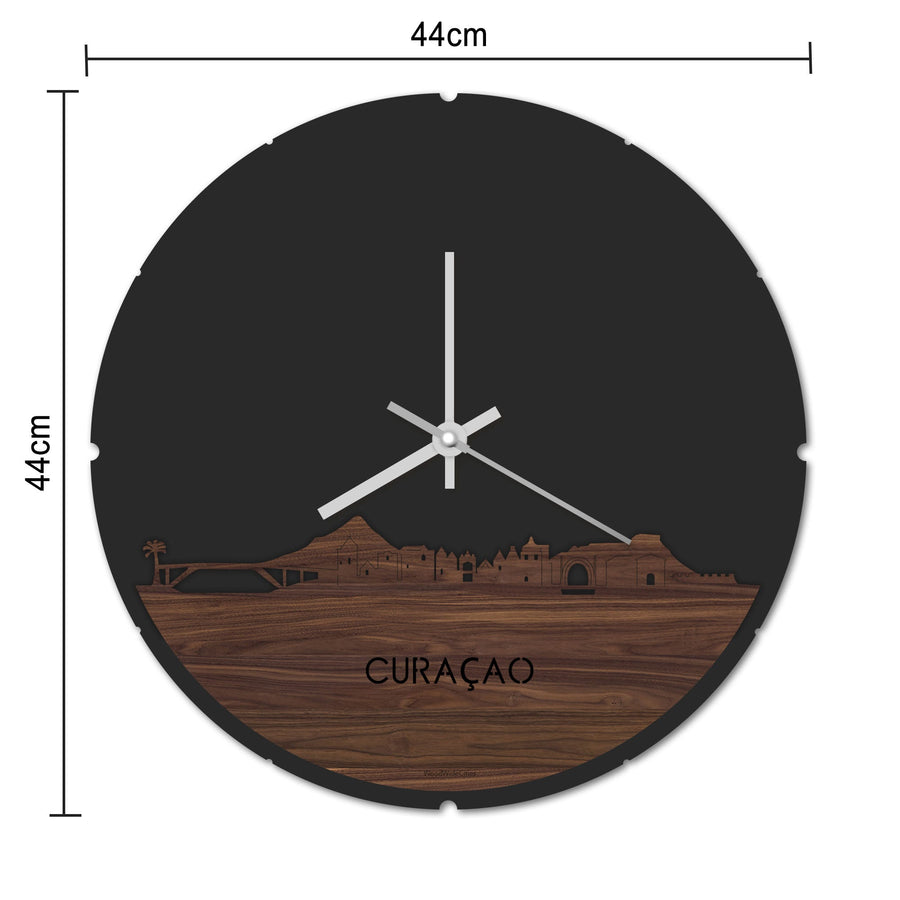 Skyline Klok Rond Curaçao Noten houten cadeau decoratie relatiegeschenk van WoodWideCities
