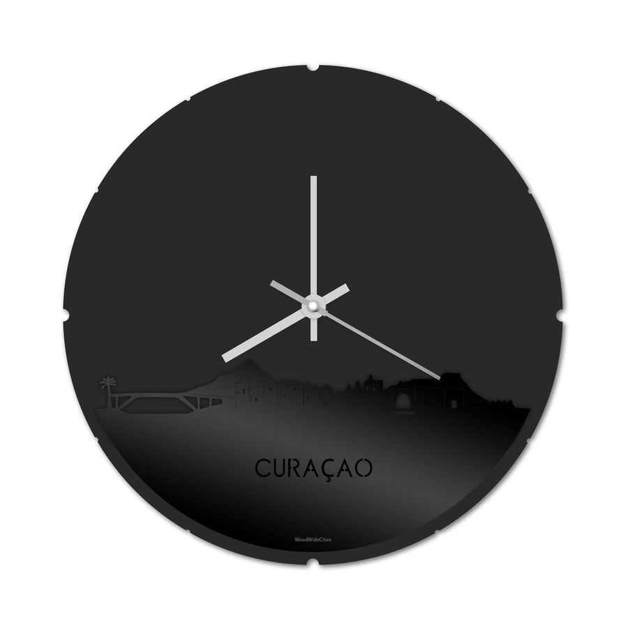 Skyline Klok Rond Curaçao Zwart glanzend gerecycled kunststof cadeau decoratie relatiegeschenk van WoodWideCities