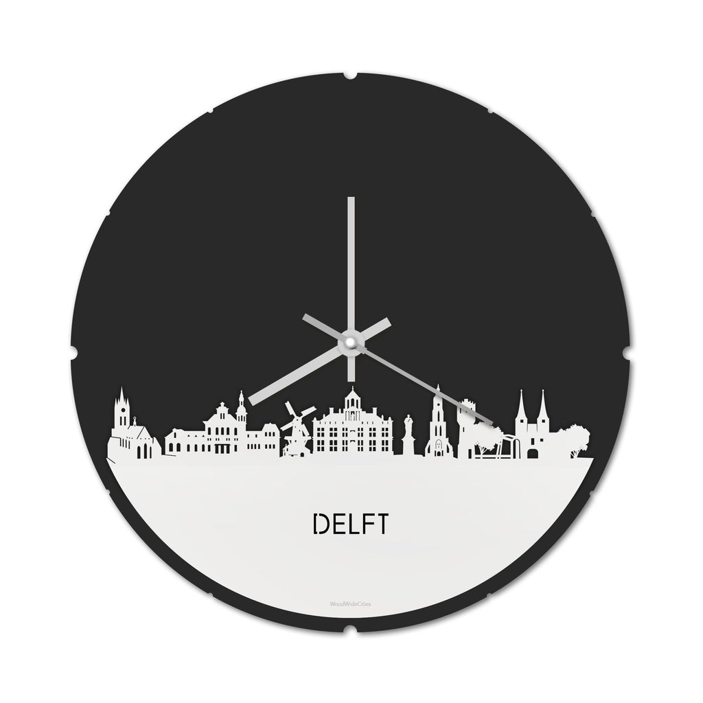 Skyline Klok Rond Delft Wit glanzend gerecycled kunststof cadeau decoratie relatiegeschenk van WoodWideCities