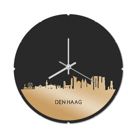 Skyline Klok Rond Den Haag Metallic Goud gerecycled kunststof cadeau decoratie relatiegeschenk van WoodWideCities