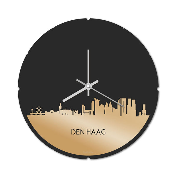 Skyline Klok Rond Den Haag Metallic Goud gerecycled kunststof cadeau decoratie relatiegeschenk van WoodWideCities
