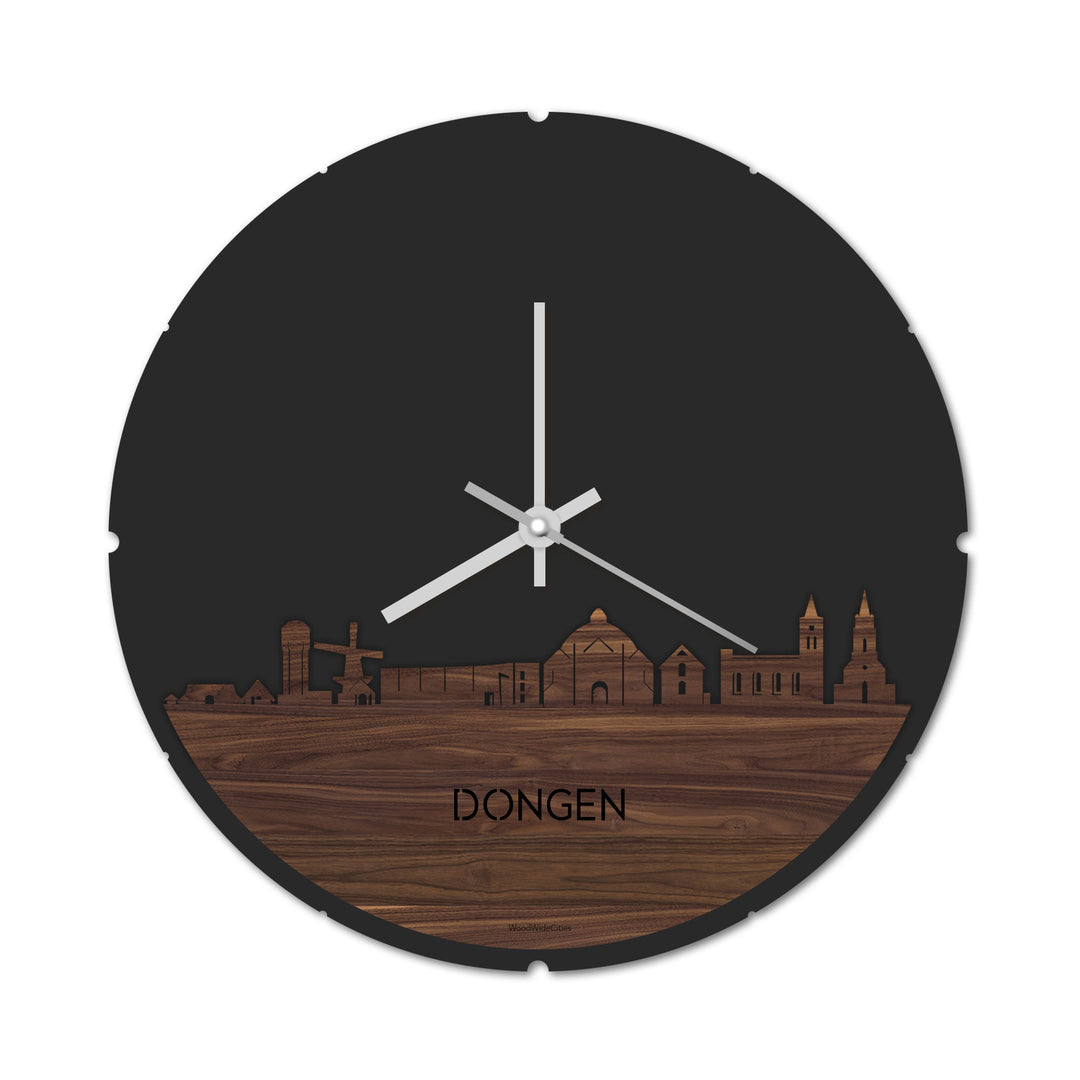 Skyline Klok Rond Dongen Noten houten cadeau decoratie relatiegeschenk van WoodWideCities